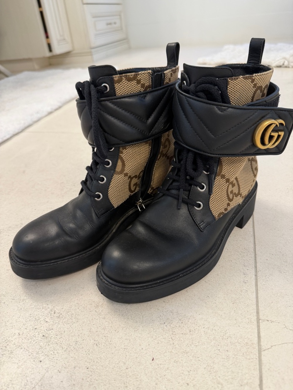 Gucci Black Leather & Beige GG Canvas Quilted Combat Boots